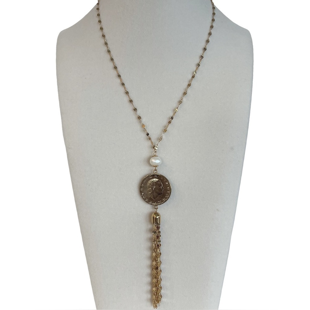 Bellezza Made in Italy Gold Italian Coin and Pearl with Tassel Necklace